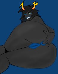 1girls anal anal_fingering anus aranea_serket ass ass_focus blue_anus blue_pussy dark_skin female female_only fingering fingering_ass homestuck homestuck_troll horns marquise_spinneret_mindfang masturbation seductive seductive_smile solo solo_female troll vriska8fold vriska_serket