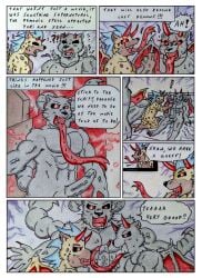 abs absurd_res anthro aroused barazoku bed bedroom black_body black_fur black_sclera bleak_ambiance bodily_fluids claws comic comic_panel corruption dashthefox demon demonic demonic_eyes dialogue dripping electronics felid fur furniture genitals glowing glowing_eyes group hi_res horn hyena licking long_tongue male male/male mammal manly membrane_(anatomy) membranous_wings muscular muscular_arms oral pantherine pecs penile penis penis_lick red_eyes red_horn saliva saliva_drip sean_(vindico) sex sharp_teeth speech_bubble sweat sweatdrop tan_body tan_fur teeth television tongue traditional_media_(artwork) transformation transformation_sequence transformation_through_magic trio wings yuri_(vindico)