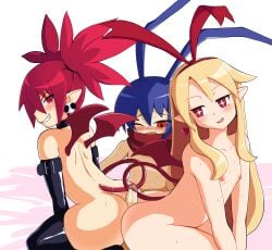1boy 2girls ass_focus ass_to_ass assjob between_buttocks blonde_hair blue_hair blush breasts buttjob disgaea double_assjob double_buttjob etna female ffm_threesome flonne laharl looking_back looking_pleasured male naked nipples penis red_eyes sex small_breasts threesome tri_electron