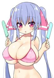 1girls barely_contained belly belly_button big_breasts big_eyes blue_hair bra eyebrows_visible_through_hair hair_between_eyes hair_ornament hair_ribbon huge_breasts ice_cream long_hair midriff nipples_visible_through_clothing open_mouth original pink_eyes popsicle riko_(shuz) rosy_cheeks shortstack shuz_(dodidu) small_nipples solo solo_female squished_breasts stretched_clothing swimsuit swimsuit_top tagme twintails white_skin