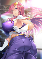 ass bangs blue_eyes blush breasts closed_mouth covered_erect_nipples elbow_gloves female gloves gundam gundam_seed gundam_seed_destiny hair_ornament hassen_(8cm) highres large_breasts long_hair looking_at_viewer meer_campbell pink_hair shiny shiny_clothes shiny_hair shiny_skin skirt smile solo star_(symbol) star_hair_ornament white_gloves