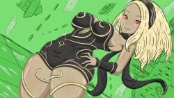 1girls black_romper blonde_hair female gold_jewelry gravity_rush gravity_rush_2 green_background kat_(gravity_rush) large_breasts red_eyes shiny_skin smile solo solo_female solo_focus tan_skin thick_thighs vamp_ch wide_hips
