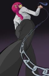 ass_focus chain_leash chains chainsaw_man clothed female glowing_eyes leash leashed_pov looking_at_viewer looking_down makima_(chainsaw_man) office_clothing red_hair submissive_pov worm's-eye_view wriizzyarts yellow_eyes