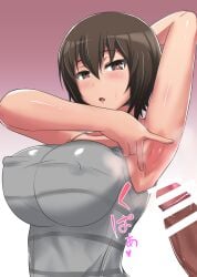 1boy arm_up armpits blush breasts brown_eyes brown_hair censored covered_nipples erection female female_focus girls_und_panzer huge_breasts looking_at_viewer male nishizumi_maho open_mouth spread_armpit steaming_body straight sweat yukimaro_yukkii