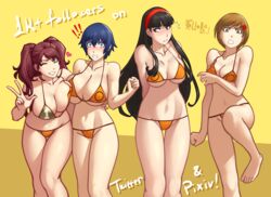 4girls alternate_costume amagi_yukiko atlus bikini black_hair blue_hair blush breasts brown_hair female female_only kujikawa_rise megami_tensei multiple_girls one_eye_closed persona persona_4 rellertr satonaka_chie shirogane_naoto tagme