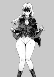 1girls blindfold blindfolded blush blushing duchess_(nightreign) elden_ring elden_ring_nightreign embarrassed female female_only fromsoftware hips legs lifting_skirt monochrome nakasone_haiji nervous panties partially_clothed shy skirt_lift skirt_up sweat sweating sweaty sweaty_legs thick thighs uncolored underwear