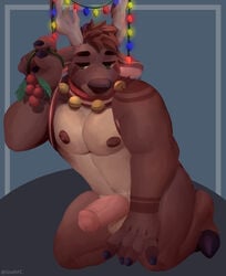 absurd_res anthro balls barazoku bell brown_body capreoline cervid clothing collar corn cute_expression food genitals hi_res male mammal muscular nipples pecs penis plant reindeer snaftfc solo underwear