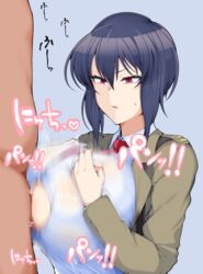 1boy 1girls alternate_breast_size alternate_version_at_source alternate_version_available breast_hold breasts button_gap censored color dress_shirt engulfing_paizuri female ghost_in_the_shell heart huge_breasts japanese_text kusanagi_motoko large_breasts looking_at_penis looking_down male massive_breasts mosaic_censoring motion_blur paizuri paizuri_under_clothes penis perpendicular_paizuri purple_hair raised_eyebrow red_eyes standing_sex straight sweat tero_(o11q) text tie translation_request