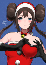 1girls absurdres alternate_costume bangs bell black_gloves blue_eyes blush bow breasts brown_hair christmas closed_mouth collarbone commentary_request creatures_(company) double_bun female floating_hair fur-trimmed_gloves fur_trim game_freak gloves hat heart heart-shaped_boob_challenge heart_hands hi_res highres holiday_rosa long_hair looking_at_viewer medium_breasts merry_christmas nintendo nishikino_kee pokemon pokemon_(game) pokemon_bw2 pokemon_masters pokemon_masters_ex red_bow red_headwear rosa_(pokemon) santa_hat sidelocks smile solo twintails upper_body