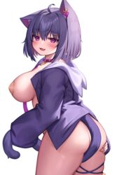 ass band-aid breasts butt_grab cat_ears cat_tail collar deaver fangs kemonomimi nekomimi nekoyama_(deaver) purple_eyes purple_hair smile tail_covering_privates