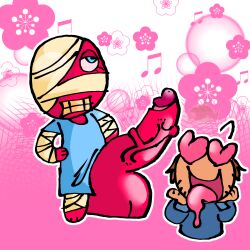 awooga bandages chibi curly_(mouthwashing) heart_eyes hyper_balls hyper_genitalia hyper_penis jimmy_(mouthwashing) mouthwashing mouthwashing_(game) penis pink_background
