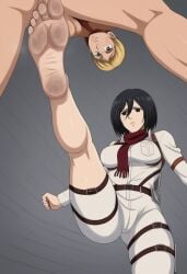 1boy ai_generated armin_arlert attack_on_titan ballbusting dirty_feet feet female foot_fetish kick kicking kicking_balls male mikasa_ackerman nude stable_diffusion