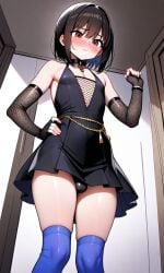 ai_generated balls black_hair blush brown_eyes dick dress femboy medium_penis penis sexy_clothing shoes staspivo
