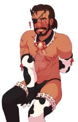 cow_print cowbell eyepatch facial_hair facial_scar frilled_choker frilled_legwear male male_nipples male_only male_ponytail metal_gear_solid metal_gear_solid_v scar scars scars_all_over sinkinggg solo_male string_panties venom_snake