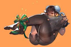 1girls ankle_ribbon black_legwear blue_dress bound_ankles bracelet brown_hair bun_cover capcom china_dress chinese_clothes christmas chun-li double_bun dress feet female hi_res highres hiroshi jewelry legs_together looking_at_viewer lying mole mole_under_eye no_shoes on_back orange_background panties_under_pantyhose pantsu pantyhose presenting red_eyes restrained ribbon short_hair simple_background solo spiked_bracelet spikes street_fighter tearing_clothes thick_thighs thighband_pantyhose thighs toes torn_clothes torn_legwear underwear