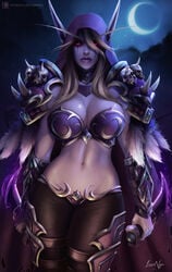 1girls abs armor belly big_breasts blizzard_entertainment blonde_hair breasts cleavage clothed clothing cum cum_in_mouth dagger elf feathers female glowing_eyes heroes_of_the_storm high_resolution highres hood large_breasts long_ears long_hair looking_at_viewer luminyu makeup midriff navel open_eyes pointy_ears purple_lipstick red_eyes running_mascara runny_makeup skull solo sylvanas_windrunner undead undead_(warcraft) warcraft world_of_warcraft