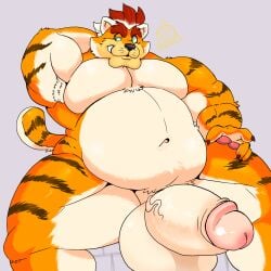 anthro armpit_hair balls belly big_balls big_belly big_penis body_hair bowser domestic_cat erection felid feline felis fur genitals green_eyes hair hand_behind_head hi_res koopa male mammal mario_bros mc_morrales meowser musclegut muscular muscular_arms muscular_male navel nintendo nude orange_body orange_fur overweight overweight_male pecs penis red_hair scalie solo vein veiny_penis white_body white_fur