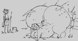 anthro ass balls big_balls big_breasts big_butt breasts cyrovon domestic_pig duo farm farmer feral genitals hair hair_over_eye hi_res huge_balls huge_butt hyper hyper_balls hyper_butt hyper_genitalia intersex long_hair male mammal multi_breast suid suine sus_(pig) thick_thighs