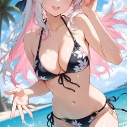 2025 ai_generated beach belly black_bikini female flower_bikini hand_on_head instagram looking_at_viewer meta open_mouth pink_hair smile_at_viewer smiling_at_viewer standing_on_water ten01c tummy unknown_character unknown_female white_hair