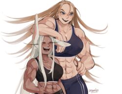 2girls abs arm_on_head blonde_female blonde_hair blue_eyes bunny_ears cathleen_bate dark-skinned_female dark_skin long_hair miruko muscular muscular_female my_hero_academia red_eyes rumi_usagiyama star_and_stripe_(my_hero_academia) taller_female vegeebs white_hair