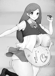 1girls alternate_breast_size big_breasts big_thighs blush body_writing female hair_ornament highres huge_breasts huge_nipples huge_thighs kurotama lactation lass_(pokemon) lass_(pokemon_dppt) long_hair nintendo nipples npc_trainer open_clothes open_shirt plump pokeball pokemon pokemon_dppt pregnant skirt sweat sweatdrop sweating tagme thick_thighs thighs underwear voluptuous