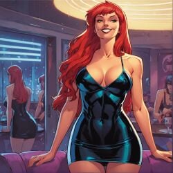 1girls ai_generated big_breasts black_dress camera_pov cleavage club comic dress female fit fit_female green_eyes lipstick long_hair marvel marvel_comics mary_jane_watson nightclub pov red_hair solo spider-man_(series) themerchant69