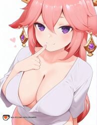 ai_generated animal_ears bangs blush breasts cleavage closed_mouth collarbone earrings female finger_to_mouth fox_ears hair_between_eyes hair_ornament heart large_breasts long_hair looking_at_viewer patreon_logo patreon_username picklepumper pink_hair purple_eyes shirt simple_background smile solo upper_body white_background white_shirt yae_miko