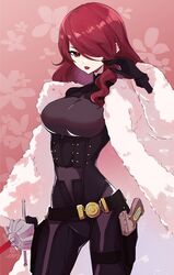 atlus clothed clothing coat colonel_emi fur_coat lipstick mitsuru_kirijo persona persona_3 persona_4_arena_ultimax pin-up pin_up red_eyes red_hair