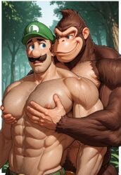2boys abs ai_generated anthro ape biceps blue_eyes brown_fur chest daddy dilf donkey_kong donkey_kong_(series) facial_hair fur furry furry_male gay gorilla grabbing_pecs green_hat hand_on_pecs hat humanoid humanoid_on_anthro interspecies light-skinned_male light_skin looking_at_another luigi male male/male male_nipples male_only mammal manly mario_(series) mature mature_male muscles muscular muscular_male nintendo nipples nude nude_male outdoors primate smile trees upper_body yaoi