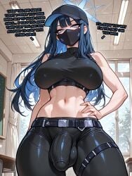 1boy 1boy1futa 1boy1girl 1futa 1futanari ai_generated ass bangs bare_shoulders baseball_cap big_ass big_breasts big_butt big_hips big_penis blowjob blowjob_face blue_archive blue_hair blush breasts bulge bulge_through_clothing bulge_under_clothes cleavage clothed clothing dick dickgirl eyebrows eyelashes face_mask femboy femdom futa_on_femboy futa_on_male futadom futanari hair hand_on_head hat huge_cock lips long_hair makeup mask narrow_waist nose pants penis penis_bulge saori_(blue_archive) sensei_(blue_archive) side_view sitting smooth_balls smooth_penis smooth_skin straight straight_hair topwear velfur