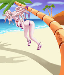 1girls annoyed ass beach bikini blush breasts crossed_arms danganronpa danganronpa:_trigger_happy_havoc danganronpa_1 danganronpa_s:_ultimate_summer_camp dlovolb female hanging_wedgie junko_enoshima palm_tree purple_bikini smooth_skin strawberry_blonde_hair twintails two_piece_swimsuit wedgie