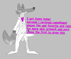 anthro big_penis canid canine canis clothed clothing erection erection_under_clothing fur genitals grey_body grey_fur hi_res looking_at_viewer male mammal mr._wolf_(the_bad_guys) penis simple_background smile sodacaps solo wolf