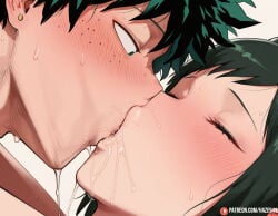 1boy 1girls ai_generated blush boku_no_hero_academia closed_eyes french_kiss green_eyes green_hair haze911 hetero incest kiss kissing midoriya_inko midoriya_izuku mother_and_son my_hero_academia saliva saliva_trail short_hair sweat