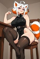 ai_generated ai_generated_sluts cleavage demenishki foot red_panda red_panda_girl red_panda_tail side_slit stockings vtuber white_hair