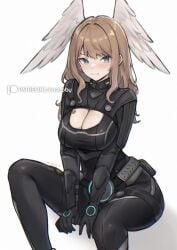 1girls ass blue_eyes blush boob_window breasts brown_hair chascoby colored curvy curvy_figure eunie_(xenoblade) female female_only large_breasts looking_at_viewer military_uniform monolith_soft nintendo sitting skin_tight smiling smiling_at_viewer tagme thick_thighs thighs tight_clothing wings wings_on_head xenoblade_(series) xenoblade_chronicles_3