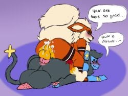 4:3 absurd_res anthro anthro_on_anthro anthro_penetrated anthro_penetrating arcanine backsack balls blush bodily_fluids cum cum_in_ass cum_inside dialogue duo english_text generation_1_pokemon generation_4_pokemon genital_fluids genitals hi_res knot levin_(levinluxio) luxio male male/male nintendo pawpads paws pearl123_art penetration penis pokemon pokemon_(species) sean_(17naeswolf) tail text versatile