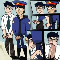 black_eyes black_hair blowjob clothed cop cum disventure_camp grey_hair harzu office_clothing oral peeing penis pissing police_officer police_uniform public_bathroom public_sex scar scar_on_face shirt tie tom_(disventure_camp)