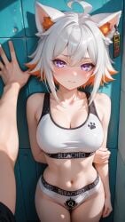 1boy 1girls ai_assisted ai_generated big_breasts bleached bleached_clothing cat_ears catgirl demenishki embarrassed embarrassed_female hand_on_wall kabedon multicolored_hair orange_hair queen_of_hearts sports_bra sportswear tagme white_hair