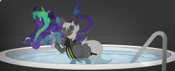 absurd_res anus bat_pony belt big_breasts bite blonde_hair blue_body braided_hair breasts butt chain collar crotch_breasts duo ear_piercing ear_ring equid female female/female feral freckled_butt freckles genitals grey_body grey_hair hair half-closed_eyes hasbro hi_res hot_tub jewelry looking_back mammal multi_breast my_little_pony narrowed_eyes necklace partially_submerged pawpads piercing poolside puffy_anus raised_leg raised_tail ring_piercing sharp_teeth simple_background smile tail teeth villegreen vulva wet wings