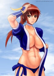 1girls big_breasts blue_underwear breasts breasts_out brown_eyes brown_hair dead_or_alive exposed_breasts female hybridmink kasumi_(doa) large_breasts long_hair underwear