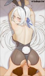 1boy 1girls ai_generated blue_eyes bow_ribbon bunny_ears bunny_tail bunnysuit doggy_style female legs_together looking_at_viewer lying on_bed pandora_(re:zero) pov pussy re:zero_kara_hajimeru_isekai_seikatsu sex smile white_background white_hair