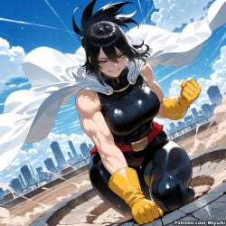 1boy 1girl ai_assisted ai_generated bangs bare_shoulders belt black_hair blue_sky boku_no_hero_academia breasts brown_eyes cape cloud curvaceous curvy curvy_female curvy_figure day female gloves large_breasts lips looking_at_viewer miyuai muscle muscular_female my_hero_academia nana_shimura shiny shiny_clothes shiny_hair sidelocks skin_tight sky smile solo teeth thick thick_ass thick_butt thick_hips thick_legs thick_thighs voluptuous voluptuous_female weapon wide_hips wide_thighs