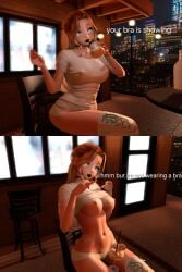 black_lipstick blue_eyes bra_strap breasts exposed_breasts flashing_breasts lifting_shirt meme nipples no_bra zallaria zally