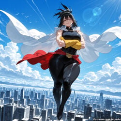 1girl ai_assisted ai_generated bangs bare_shoulders belt bird black_footwear black_hair black_legwear blue_sky boku_no_hero_academia breasts building cape city cityscape cloud crossed_arms curvaceous curvy curvy_female curvy_figure day female full_body gloves jacket_on_shoulders large_breasts miyuai my_hero_academia nana_shimura outdoors shiny shiny_clothes sky skyscraper sleeveless smile solo thick thick_ass thick_butt thick_hips thick_legs thick_thighs voluptuous voluptuous_female wide_hips wide_thighs