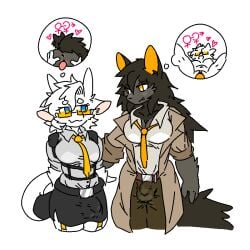 1:1 accessory anthro balls belt big_breasts black_bottomwear black_clothing black_skirt blue_eyes bottomwear breasts brown_bottomwear brown_clothing brown_hair brown_pants brown_tail bulge canid canine clothing coat collared_shirt detailed_bulge dragon dragontim duo eyewear female fur furgonomics furred_dragon furred_scalie genital_outline genitals glasses grey_body grey_fur gynomorph hair hand_on_back horn imagination intersex intersex/female intersex/intersex mammal mythological_creature mythological_scalie mythology navel necktie nude orange_eyes orange_eyewear orange_glasses orange_inner_ear orange_necktie pants penetration penis penis_outline rolled_up_sleeves scalie shirt simple_background skirt tail tan_inner_ear thought_bubble tight_clothing topwear trenchcoat vaginal vaginal_penetration white_background white_body white_clothing white_fur white_shirt white_topwear