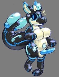 ambiguous_gender animate_inanimate anthro belly_valve big_tail breasts digital_media_(artwork) genitals handles_on_back handles_on_hips handles_on_tail hi_res inflatable living_inflatable looking_at_viewer memopemo penis pool_toy seam_(sewing) simple_background solo tail