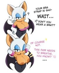anthro big_breasts bra_strap_is_showing_(meme) breasts dialogue english_text furry meme only_female rouge_the_bat sega self_upload shortstack showing_breasts showing_off sirsmol solo solo_female sonic_(series) sonic_the_hedgehog_(series) tits