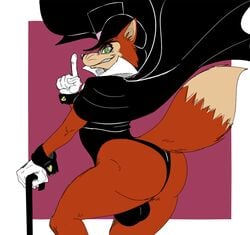 "honest"_john_foulfellow 1boy a-side anthro ass bulge cane canid canine cape clothing fox gloves green_eyes handwear hat headgear headwear looking_at_viewer male male_only mammal raised_finger raised_tail solo top_hat