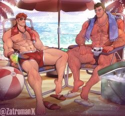bara beach daredevil daredevil_(marvel_rivals) gay male male_only marvel marvel_rivals muscular muscular_male punisher_(aqua_arsenal) punisher_(francis_castle) red_hair zatromanx