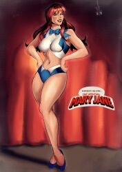 armpits bare_arms bare_legs belly_button big_breasts bowtie breasts canonical_scene female female_only fitmarshmellow hot inspired_by_formal_art legs marvel marvel_comics mary_jane_watson midriff modeling navel official_alternate_costume red_hair redhead redhead_female sexy sexy_body sexy_clothing solo solo_female spider-man_(series) thighs voluptuous voluptuous_female waist